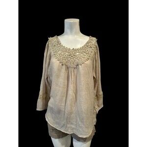 STUDIO JPR Soft Gauzy crochet trim blouse boho cottagecre style airy neutral